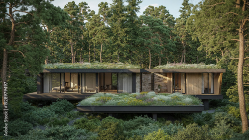 Modern Eco-Friendly House With Green Roof In Forest For Sustainable Living And Architecture Concept