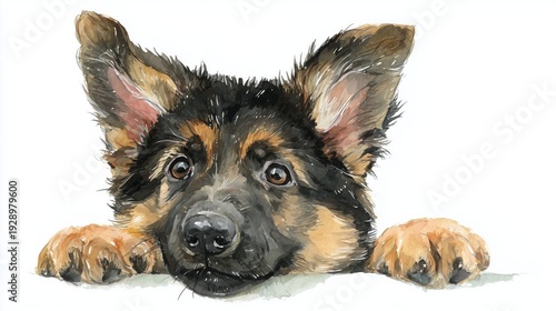 Watercolor painting of a cute german shepherd puppy peeking with paws and head