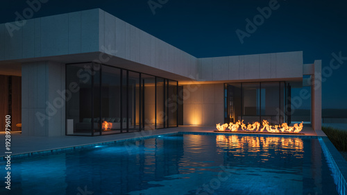 Modern Luxury Home With Outdoor Pool And Fire Pit At Night For Real Estate And Hospitality Marketing