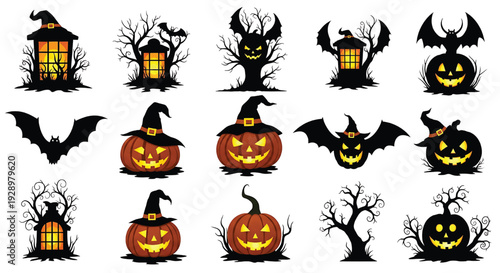 Halloween silhouette icon set with jack-o-lanterns, bats, spooky trees and glowing lanterns, isolated on white featuring clipart, vector, illustration with pumpkin and carved pumpkin elements for