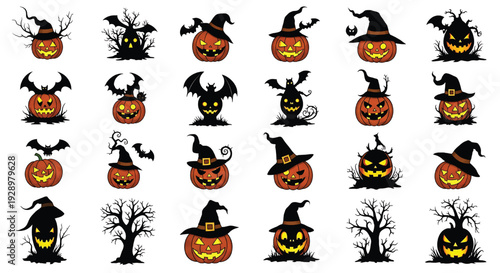 Halloween pumpkin icon set with witch hats, bats, spooky trees and silhouettes, jack-o-lantern vector collection featuring jackolantern, bat, scary with creepy and haunted elements for silhouette,