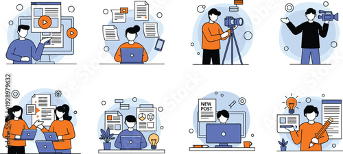 Digital Content Creation and Business Workflow Illustration Set with People Working on Laptops and Cameras Isolated on White