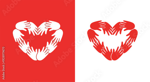 Graphic illustration of hands forming a heart shape in white on red background and red on white background