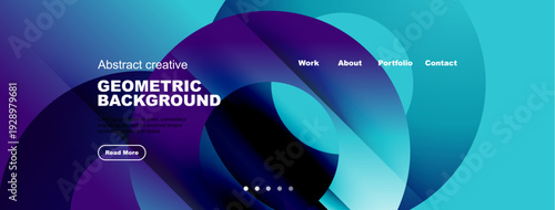 Abstract website banner. Vibrant colors, geometric shapes, text overlays, navigation menu present. Modern design aesthetic.