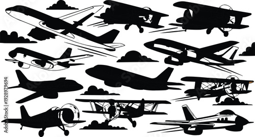 The image features a collection of airplane silhouettes set against a clean white background, creating a striking visual contrast. The variety of aircraft depicted includes biplanes, single-engine pro