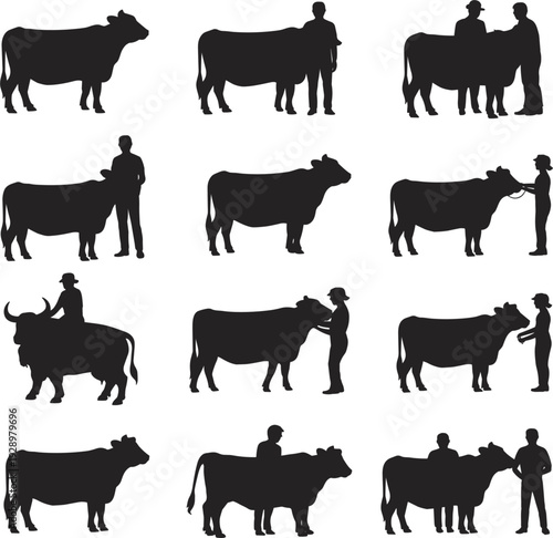 Silhouettes of cows and people in agricultural settings on a white background Keywords: cow, cattle, livestock, farm