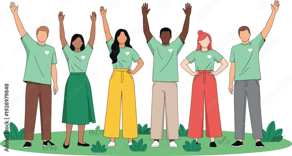 Fototapeta premium Diverse Group of Volunteers Standing Together and Raising Hands in Unity for Charity Community Support and Social Impact