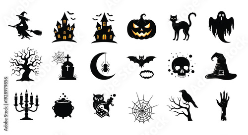 Halloween icon set of spooky silhouettes with witch, haunted house, pumpkin, bat, ghost, skull, spiderweb and potion featuring icons, silhouette, black with vector and clipart elements for