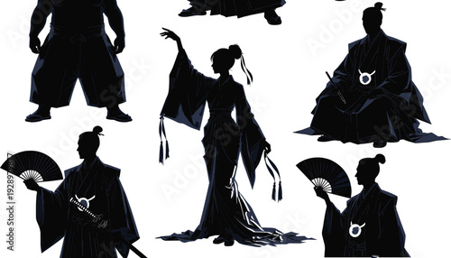 Collection of Japanese Samurai and Geisha Silhouettes in Traditional Kimono and Hakata Attire Featuring Katana Sword and Folding Fans for Cultural Graphic Design