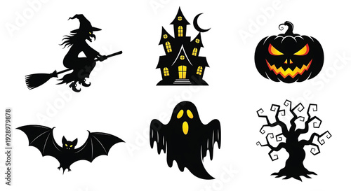 Halloween icons set with witch on broom, haunted house, jack-o-lantern pumpkin, bat, ghost, and spooky twisted tree featuring scary, horror, broomstick with mansion and moon elements for scary face,