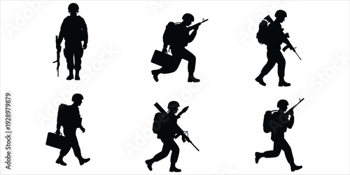 Silhouette soldiers in various poses with weapons and briefcases on white Keywords: soldier, silhouette, army, military, weapon