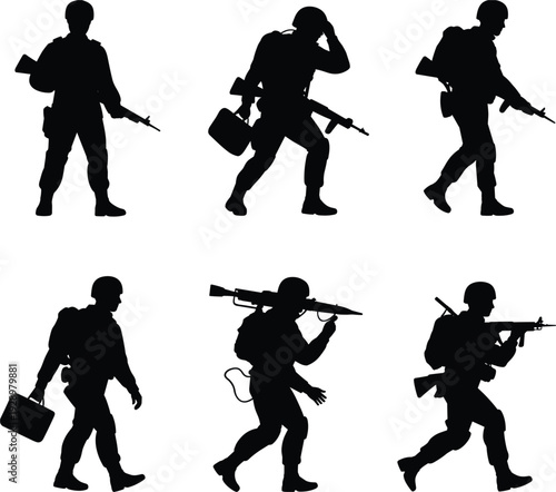 Silhouette Soldiers In Uniform With Rifles And Equipment In Various Poses military army