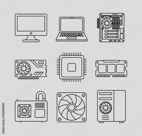 Set of vector line art icons depicting essential computer hardware components such as a monitor, laptop, motherboard, GPU, CPU, RAM modules, and cooling fans.