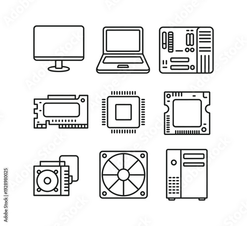 Vector illustration set of computer hardware icons including a monitor, laptop, motherboard, graphics card, central processing unit, RAM stick, and cooling fan.