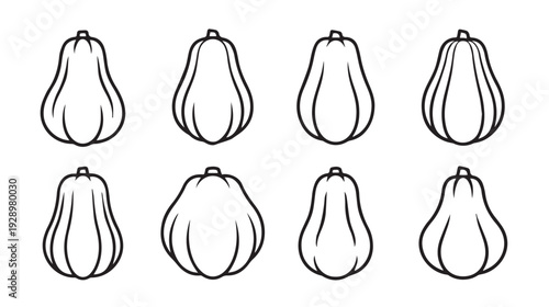 Eight Outline Pumpkins Variety Set Autumn Harvest Symbols Isolated Vector Illustration