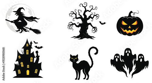 Halloween icon set with witch on broom, haunted house, spooky tree, jack-o-lantern, black cat, bats and ghosts silhouettes featuring scary, horror, silhouette with broomstick and full moon elements