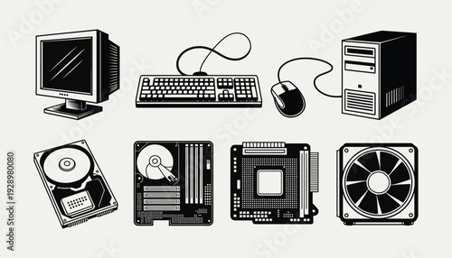 Set of classic computer hardware elements, featuring a CRT screen, input devices, system unit, storage, and internal parts like motherboard and fan, rendered as a monochrome vector graphic.