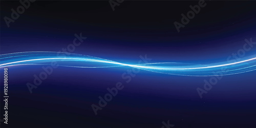 A dark blue abstract motion background features glowing digital waves and light rays flowing through a textured space with energy beams and starlight art