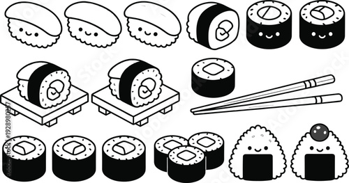 Kawaii Sushi Illustration Set Featuring Cute Nigiri Maki and Onigiri Rice Balls with Smiling Faces in Minimalist Black and White Vector Line Art Style