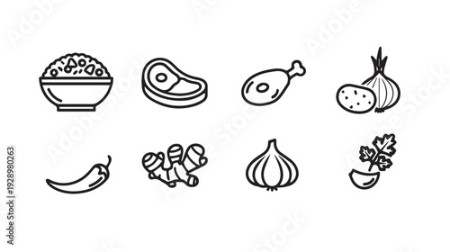 Food Ingredients Icons: Rice Meat Chicken Potato Chili Ginger Garlic Herbs