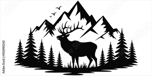 Silhouette of a majestic elk standing in a mountainous forest landscape deer