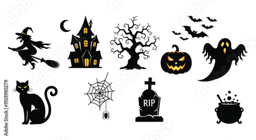 Halloween icon set with witch, haunted house, spooky tree, jack-o-lantern, ghost, bats, black cat, web and cauldron featuring broomstick, moon, night with pumpkin and spider elements for gravestone,
