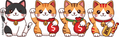 Lucky Maneki-Neko Cat Character Set with Japanese Fortune Cats Holding Money Bags and Gold Coins Isolated on White