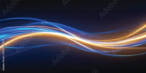 An abstract blue background featuring glowing digital waves and flowing fractal curves creates a futuristic wallpaper design with vibrant energy and light motion
