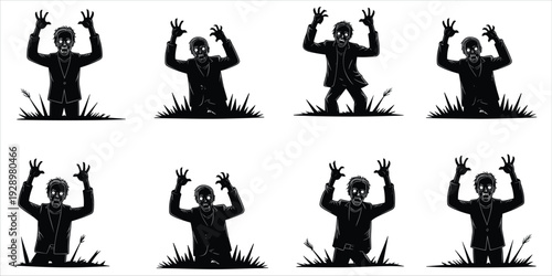 Silhouette Collection of Zombies Emerging from the Ground Keywords: zombie, silhouette, monster, horror, undead, emerging