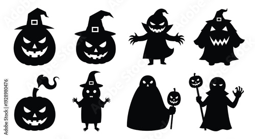 Halloween silhouettes set of scary pumpkin faces, witch hats, ghost and vampire characters in black isolated vector style featuring silhouette, collection, jack o lantern with jackolantern and spooky