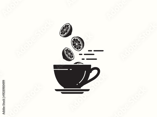 Flat design silhouette of a teacup with lemon dropping in for digital apps