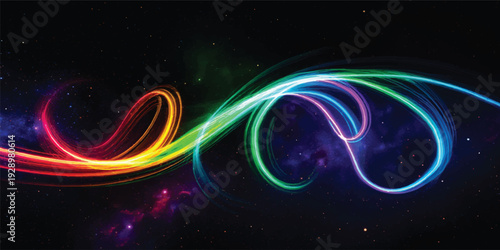 A futuristic abstract background features glowing neon light waves and fractal lines in a bright rainbow pattern, creating a motion energy effect against a dark black space backdrop design