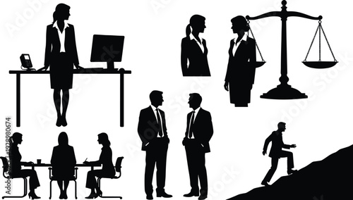 Set of business silhouettes featuring professional men and women in office meetings, legal justice scales, career climbing, corporate teamwork, and leadership concepts on white