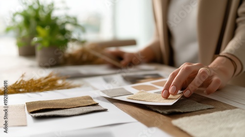 Woman selecting fabric samples and color palettes on wooden table  
