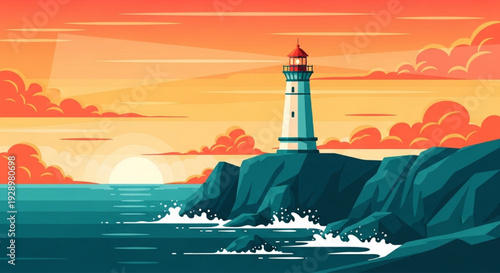 Lighthouse on Rocky Coast Sunset Ocean Seascape Vector Illustration Navigation Guidance Maritime