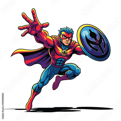 Superhero Warrior in Dynamic Attack Pose with Shield