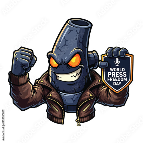 Cartoon character with badge for World Press Freedom Day