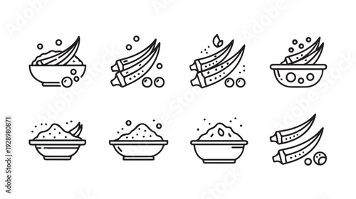 Okra Vegetable Ingredient Icons Set Line Art Food Vector Graphics