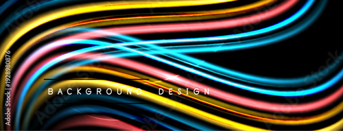 Abstract flowing lines, vibrant colors, dynamic curves. Black background emphasizes bright, smooth gradients. Modern design element.