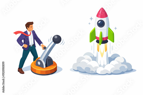 Businessman launching rocket with giant catapult