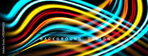 Abstract colorful waves create dynamic background. Bright lines flow, forming modern design element. Vivid hues contrast dark space.