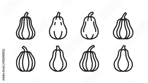 Outline Collection of Various Pumpkins and Gourds Isolated on White Background