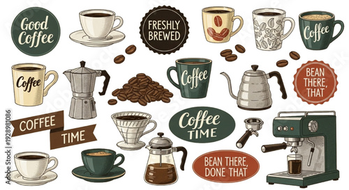 Coffee Time Vintage Collection Cups Beans Equipment Freshly Brewed Labels Badges Retro Illustration