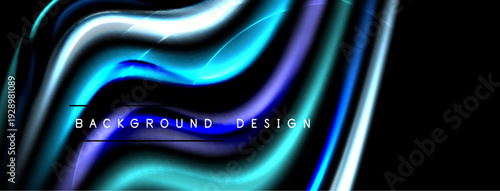 Abstract fluid shapes, vibrant blues, purples. Dynamic lines create modern background design. Dark space emphasizes luminosity.