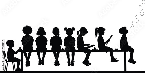 Silhouette of diverse school children sitting on a long bench or table using digital tablets, reading books, and dreaming with bubbles representing imagination and creativity.