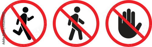 Sign is no pedestrian. Prohibition sign  no pedestrian crossing. Red crossed circle with a silhouette of a man inside. It is not allowed to go over. Round red stop sign  do not cross road