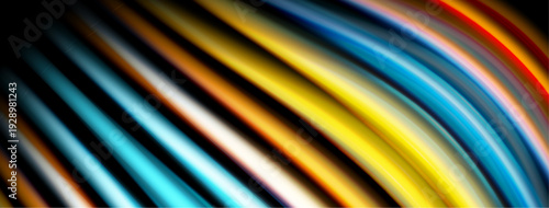 Abstract colorful lines curve, creating dynamic visual effect. Bright hues blend into darkness. Striking contrast defines composition.