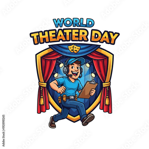 World Theater Day Mascot Cartoon Actor on Stage