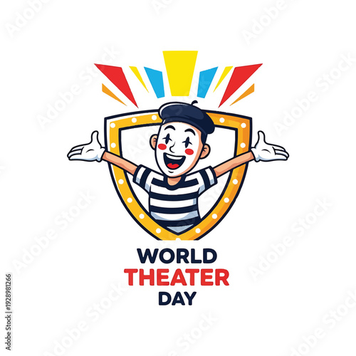 World Theater Day Mascot with Pierced Shield and Spotlight