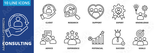 Consulting icon collection set. Containing Client, Research, Support, expert, knowledge, advice, experience, potensial, succes, goals icon. simple line vector.